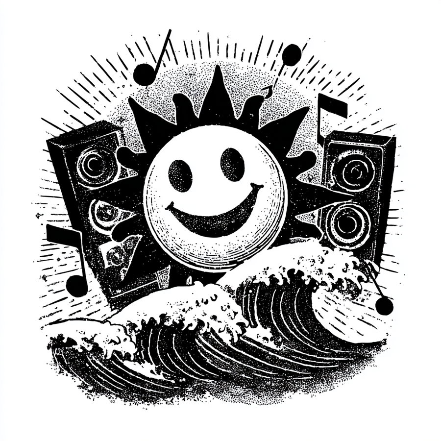 Minimalist punk rock poster of sun surfing a wave