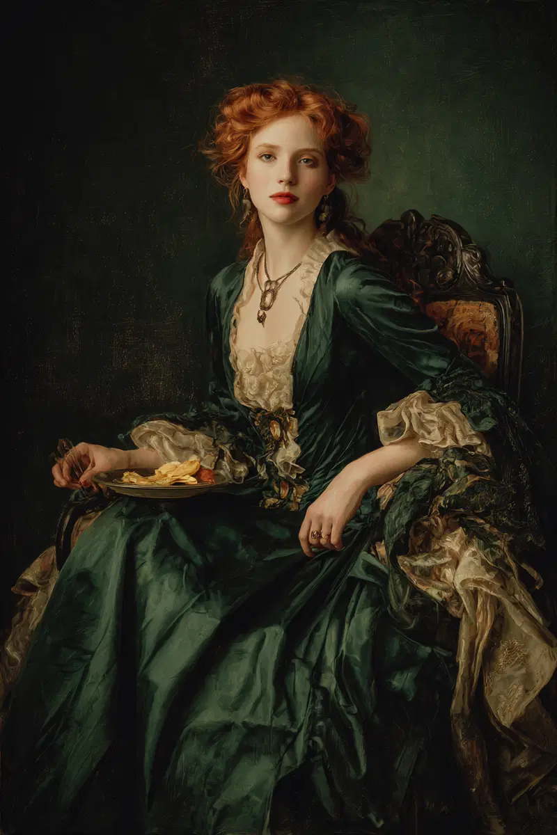 Elegant Red-Haired Woman Wall Art with Baroque Chiaroscuro Aesthetic