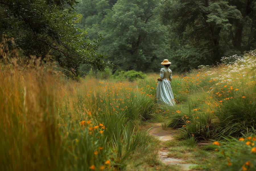 Late 19th century lady walking through lush flower field