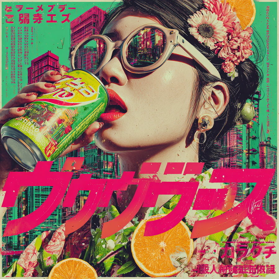Colorful retro futuristic Japanese soda advertisement with bold graphics