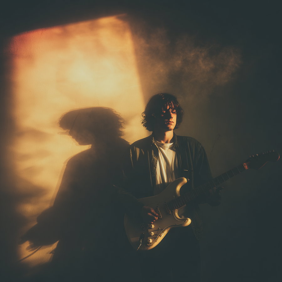 Young rock musician under spotlight with electric guitar and shadows