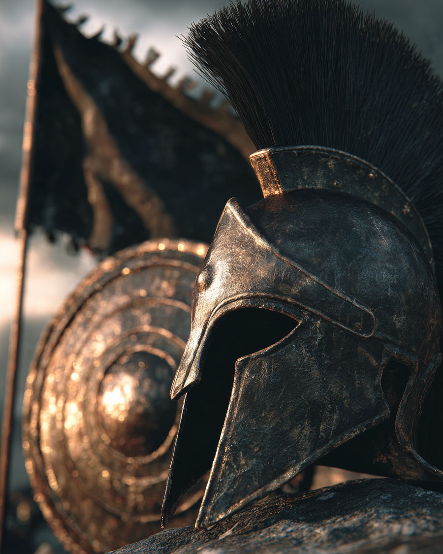 Roman warrior helmet with black crest beside ancient shield