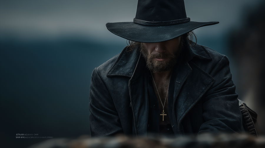 Rugged man drinking whiskey on canyon cliff under stormy sky