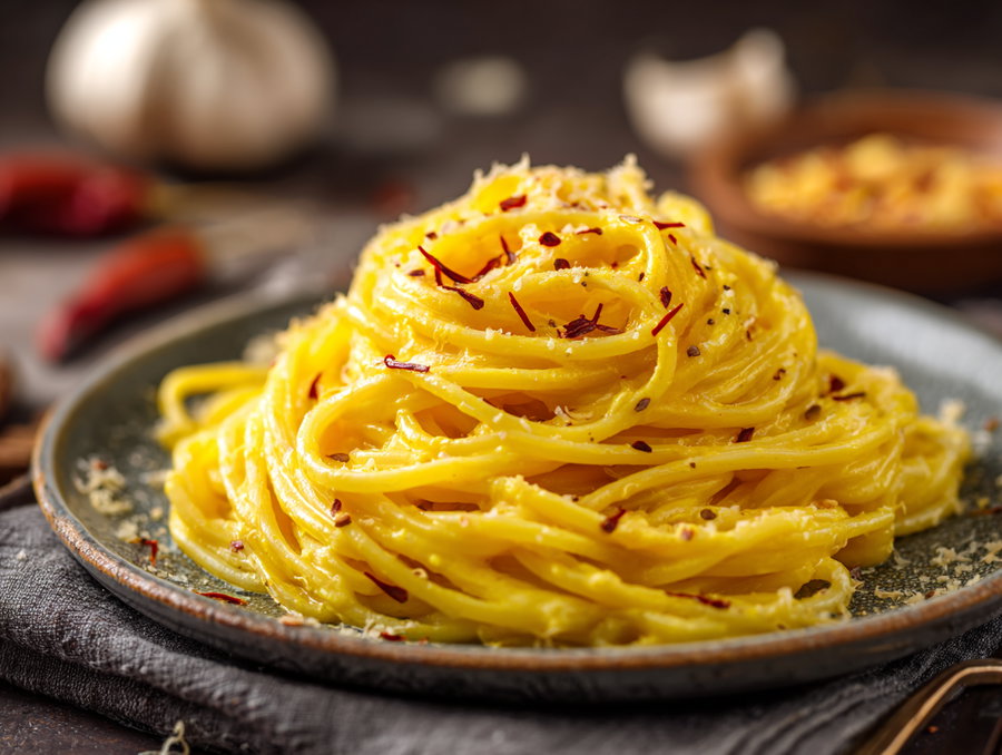 Creamy saffron pasta with melting parmesan in elegant plating