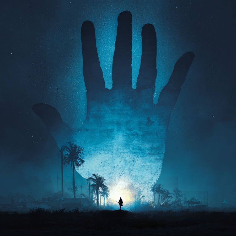 Towering shadow entity above stone hand at night