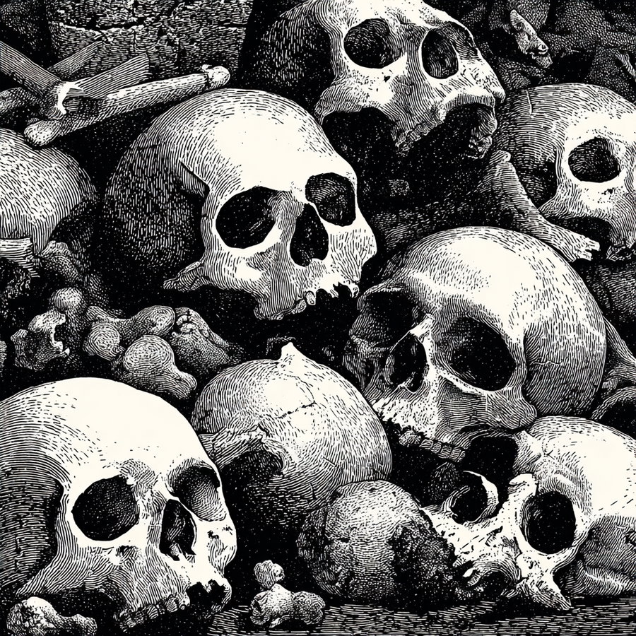 Black and white linocut of a pile of skulls and bones
