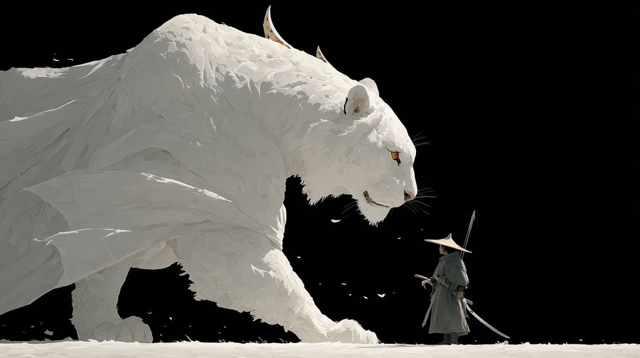 Knight with sword facing mythical Snowstorm White Tiger silhouette