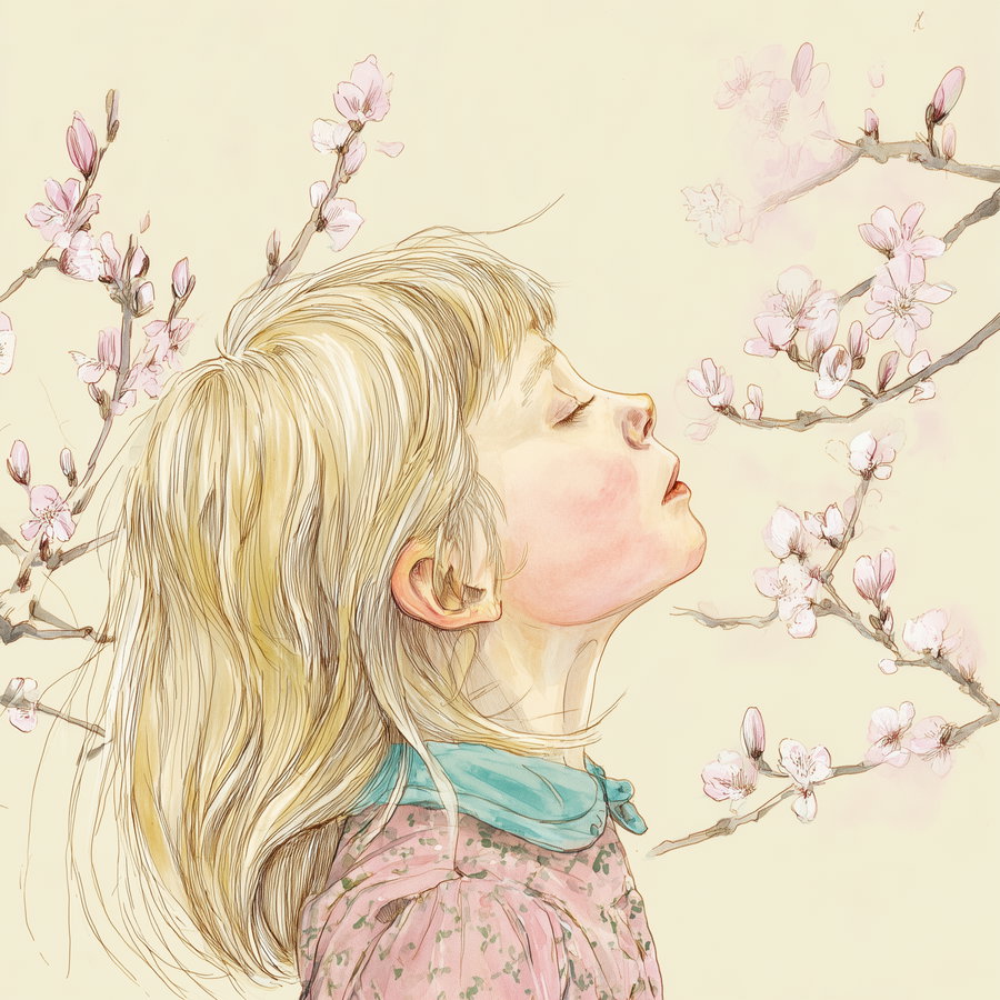 Blond girl in spring, eyes closed, surrounded by blossoms and pollen