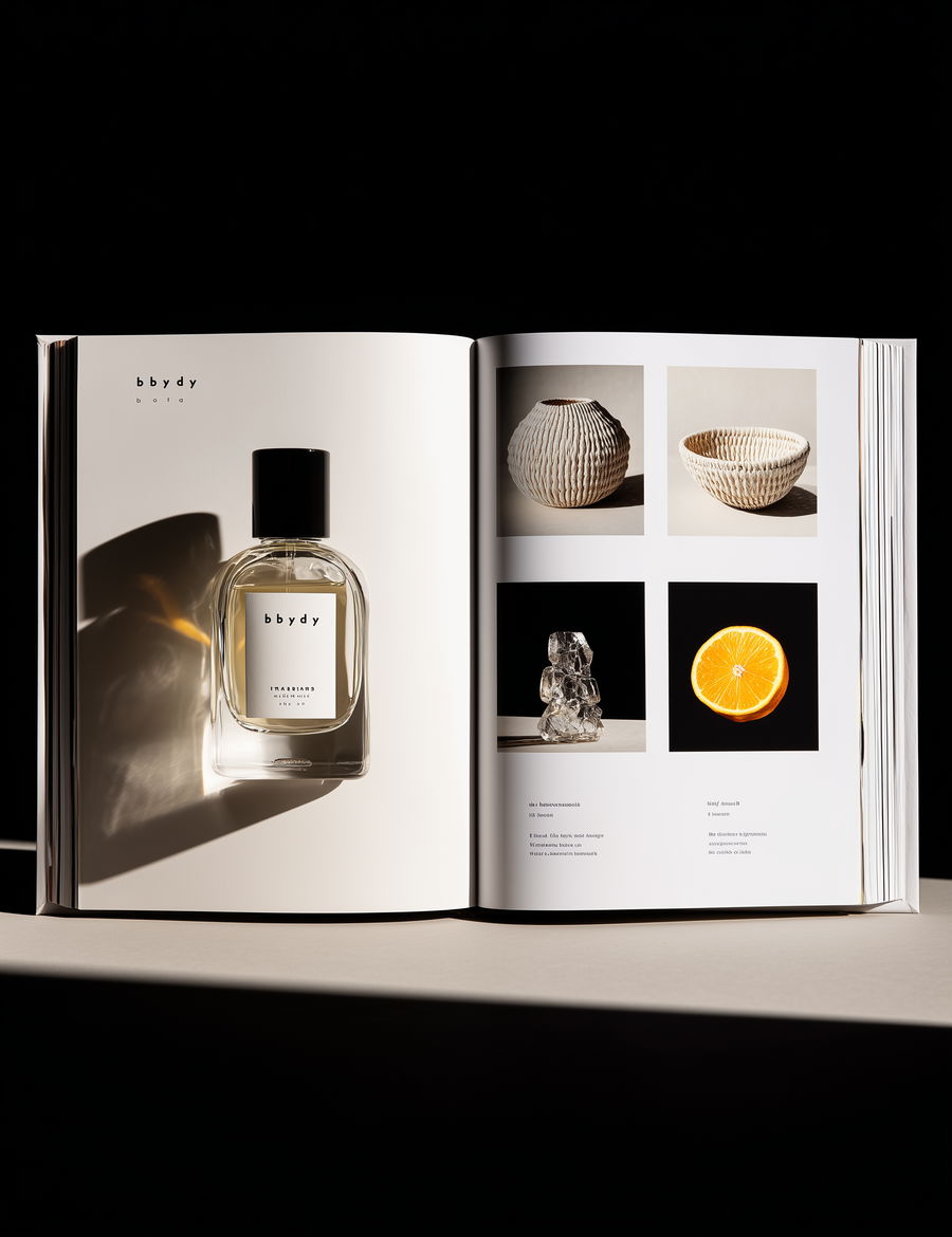 Open perfume bottle on book page with still life images