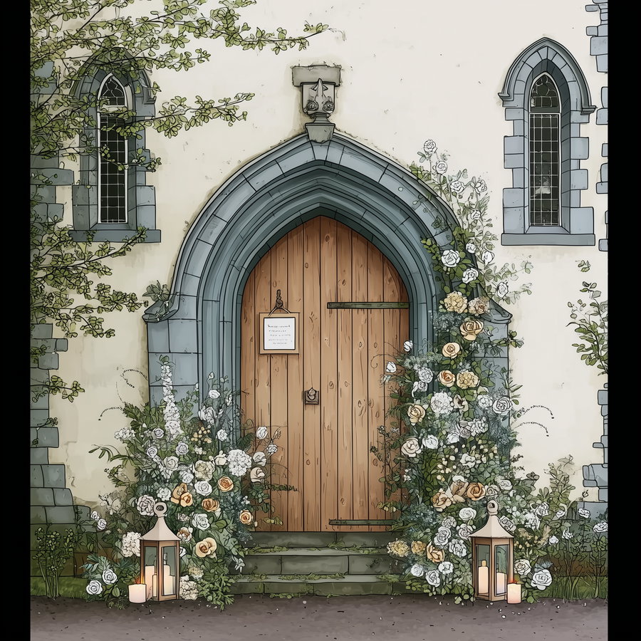 Charming church door adorned with colorful wedding flowers