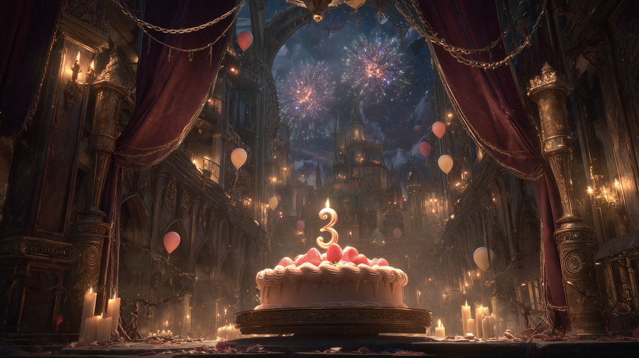 Strawberry cream cake with candle amid medieval Nordic architecture