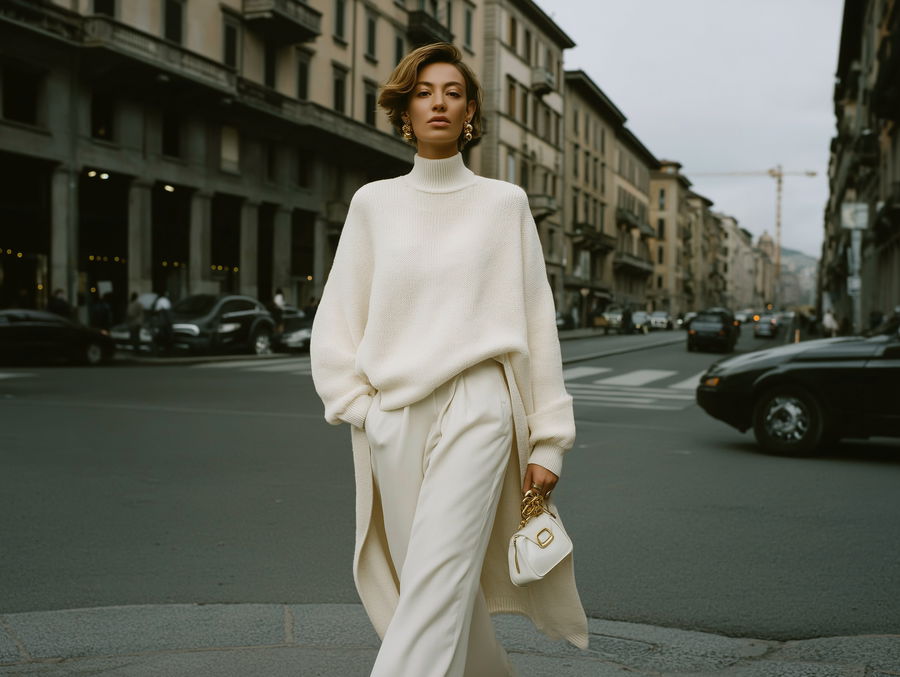 Woman in beige outfit walking on European street in soft light