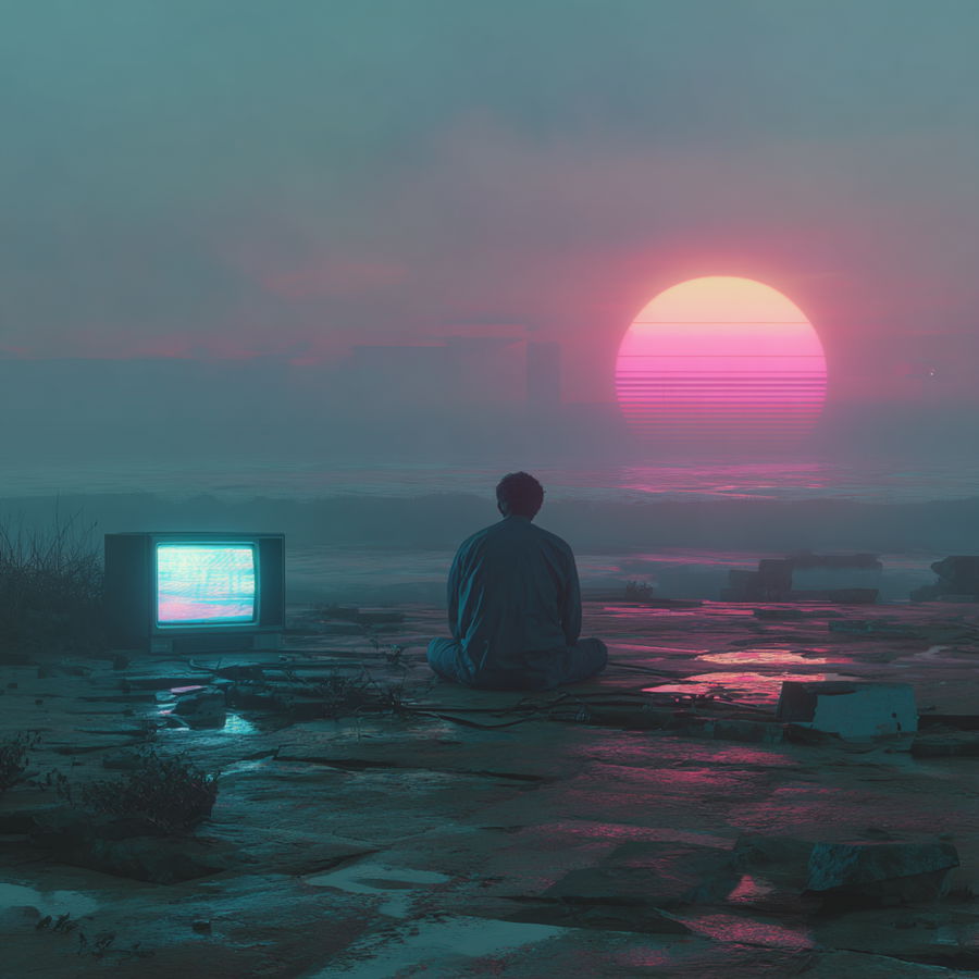 Person trapped in neon-lit synthwave landscape with retro vibes