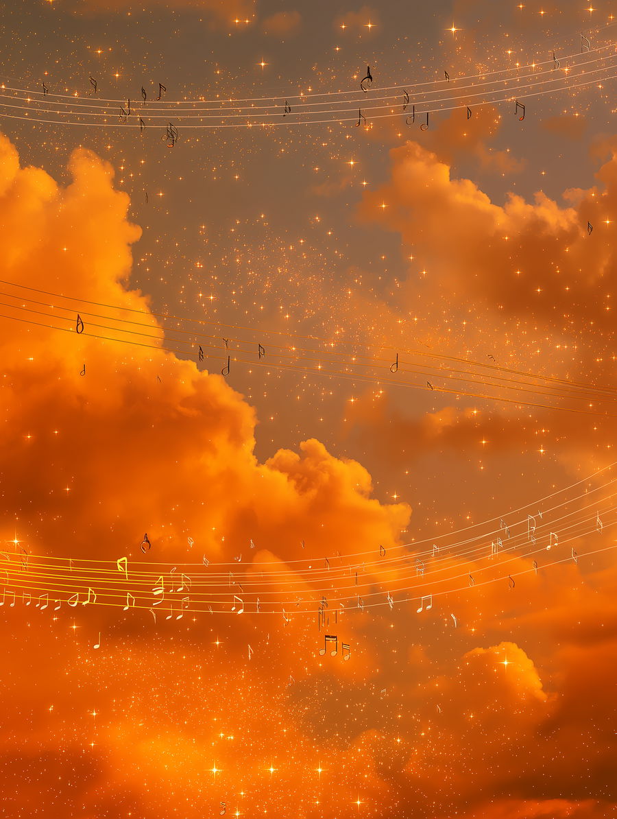 Abstract summer evening sky with stars, clouds, and musical notes