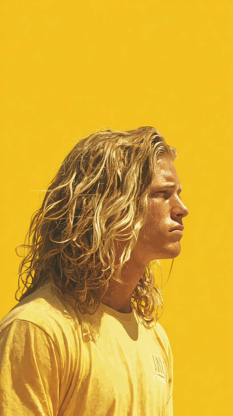 Blond surfer in yellow T-shirt against bright yellow background