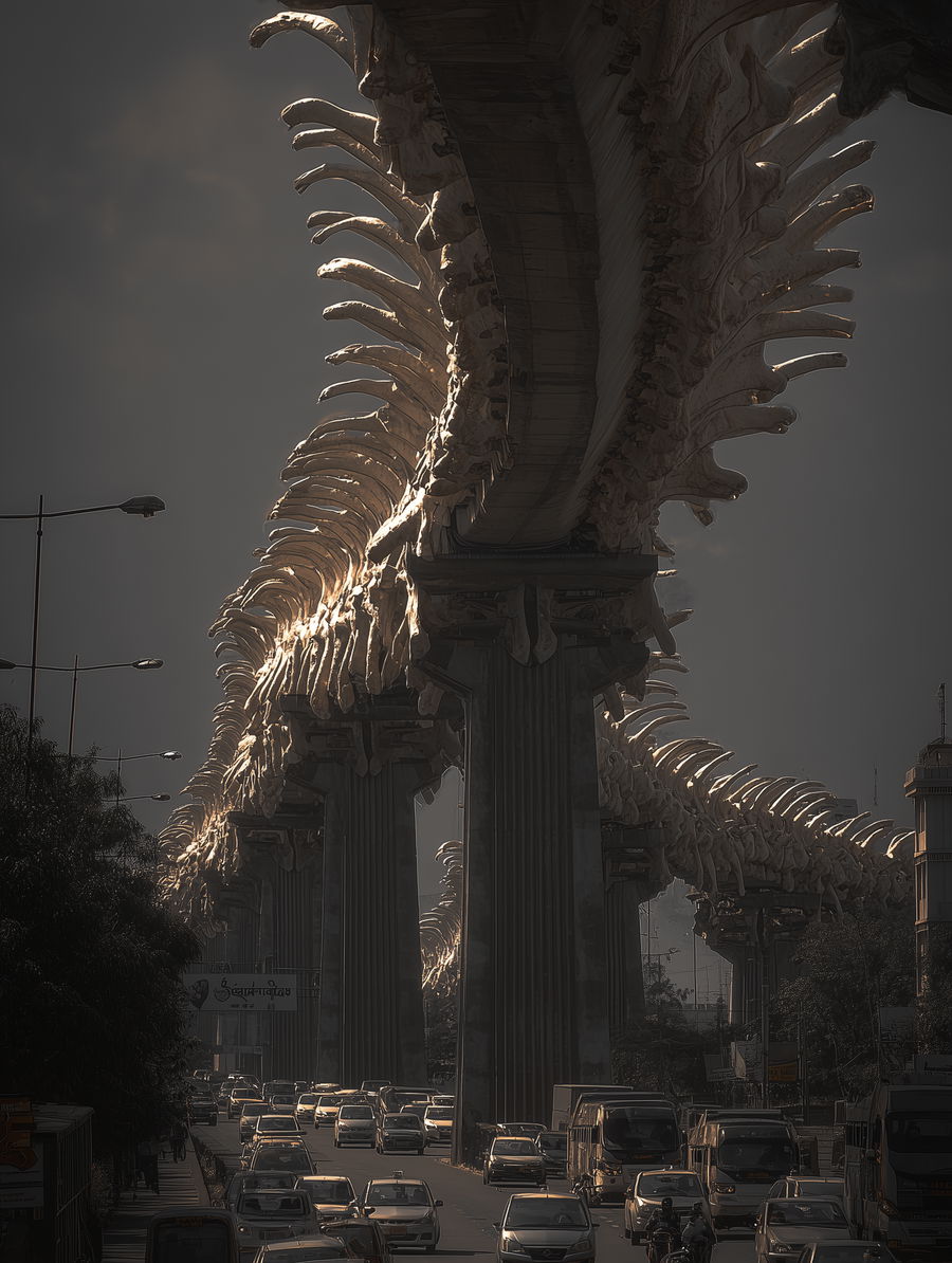 Surreal bone flyover over Bengaluru roads with organic pillars
