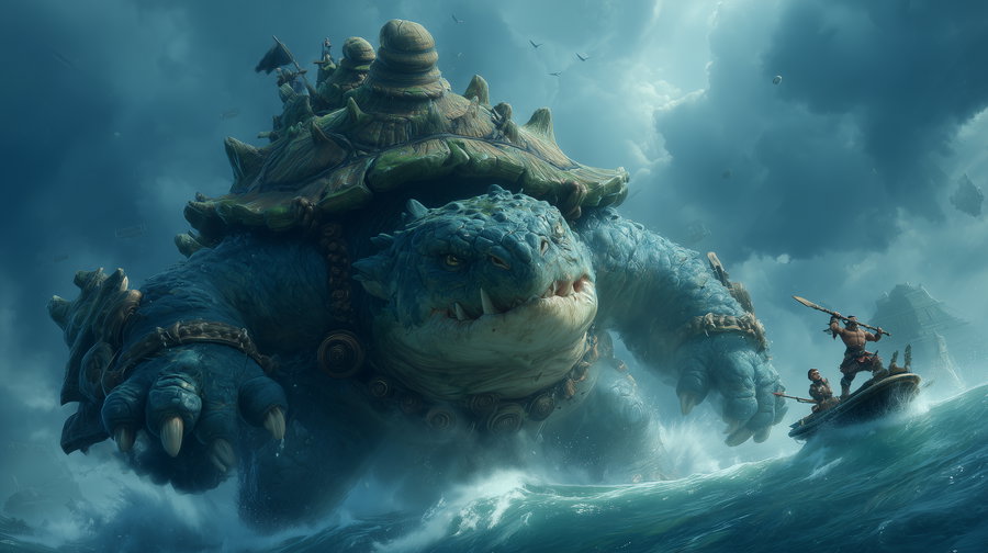 Giant Tidehunter towering over tiny heroes in stormy sea