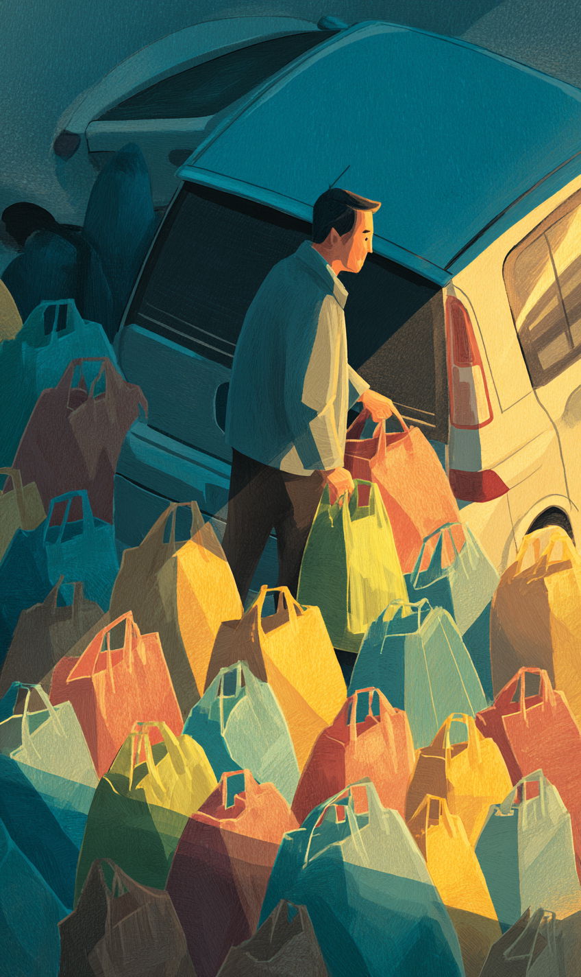 Tired man loading grocery bags into car outside store