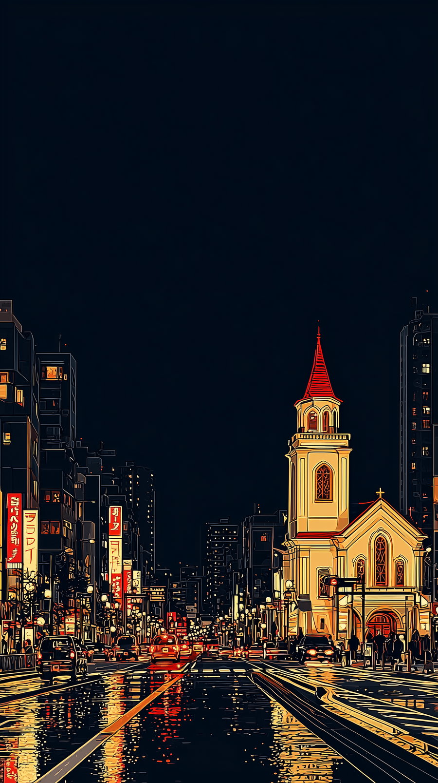 Tokyo night scene after rain with church and Tokyo Tower
