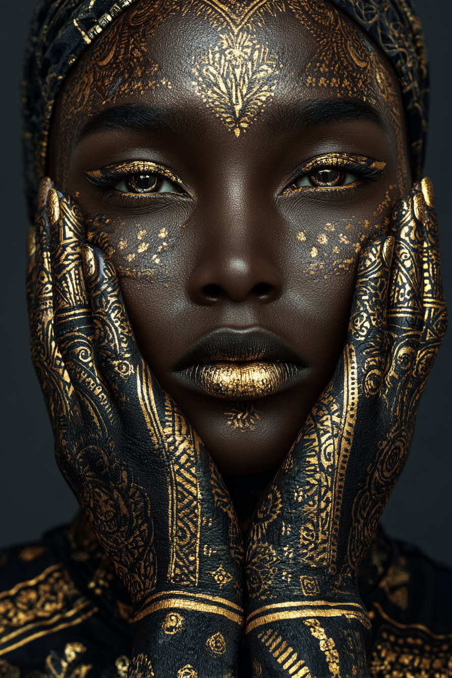 Black woman with gold henna tattoos and tribal art makeup