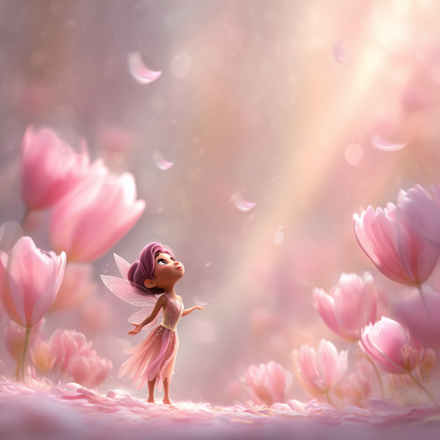 Pink tulip fairy in a whimsical Disney Pixar style