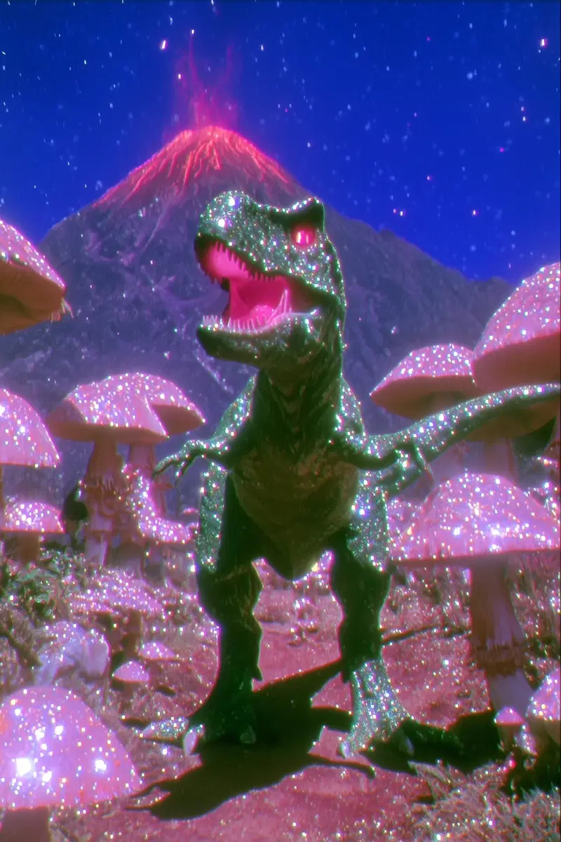 Glowing Mushroom Forest T-Rex Wall Art Aesthetic