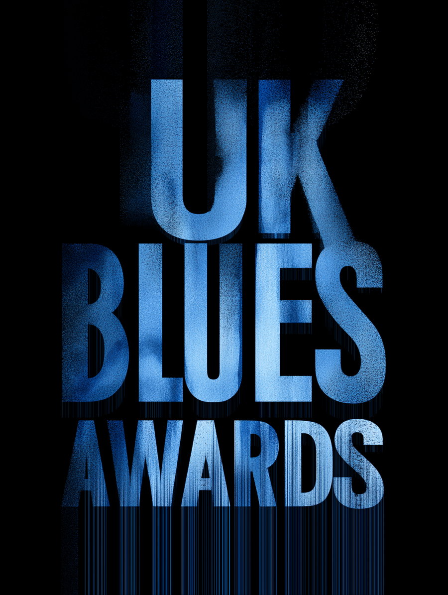 Bold light blue UK Blues Awards typography on dark background