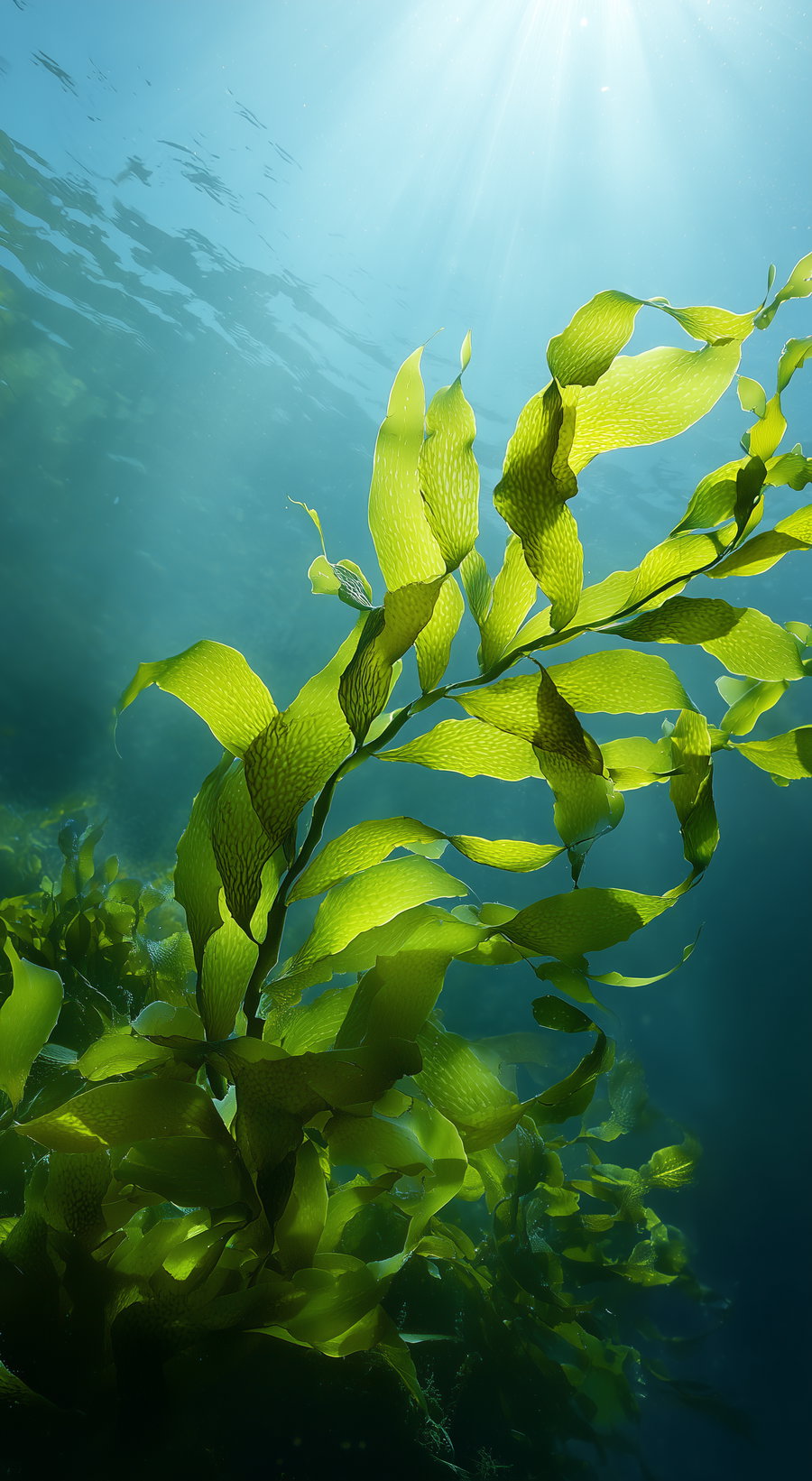 Vibrant green seaweed illuminated by sunlight underwater