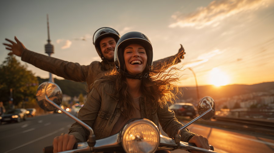 Young couple on Vespa scooter in Stuttgart at sunrise