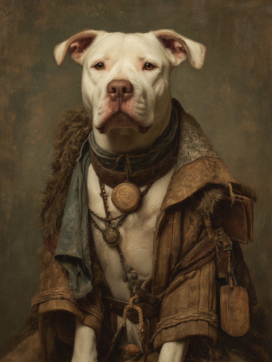 White pit bull in Viking attire posing like a human