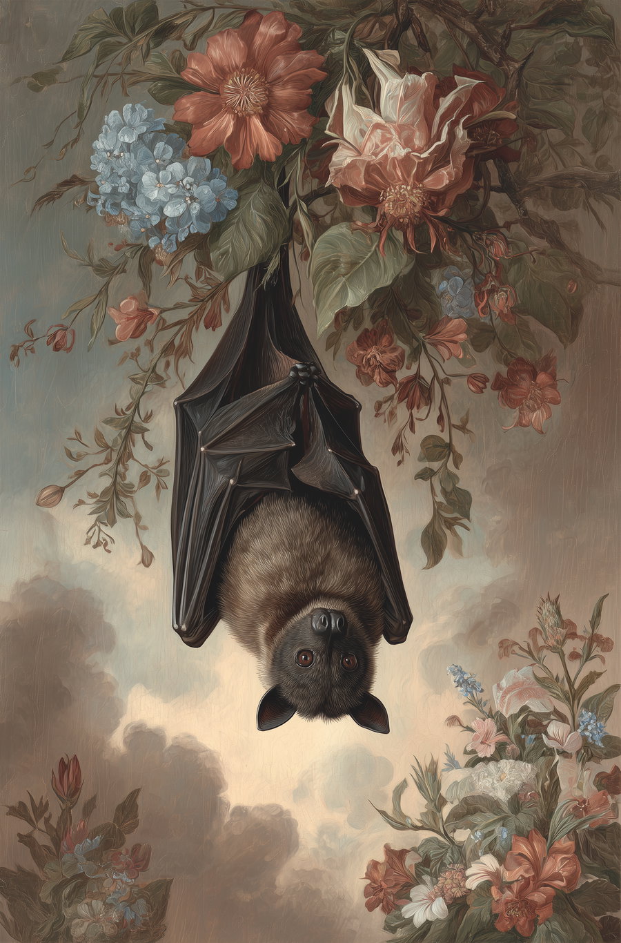 Oversized fruit bat hanging upside down among flowers and clouds