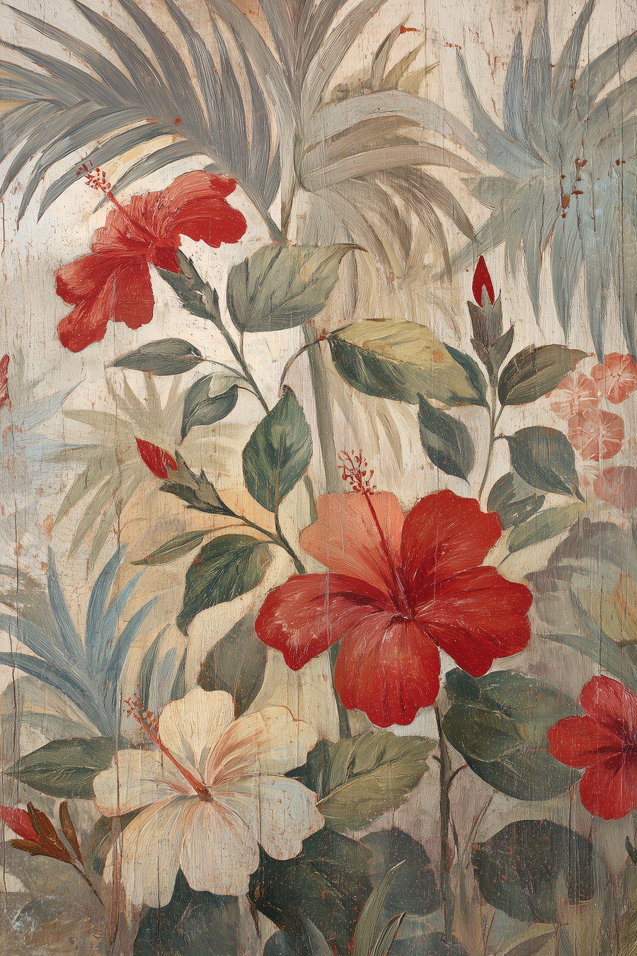 Vintage oil painting of tropical hibiscus tree with red flowers