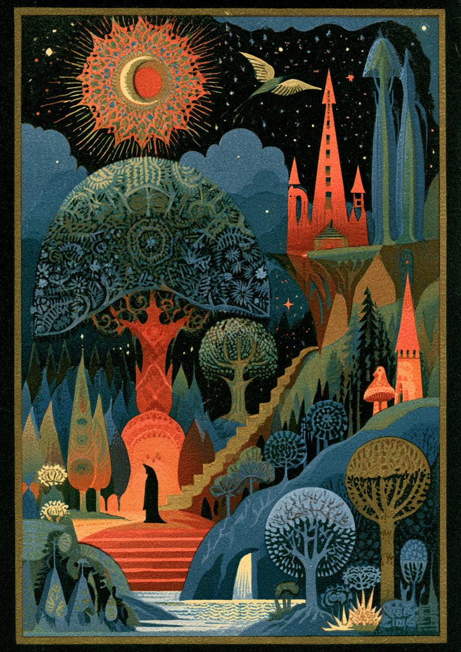 A vibrant surreal landscape featuring whimsical trees, a glowing sun, a moon, and stylized buildings under a night sky.