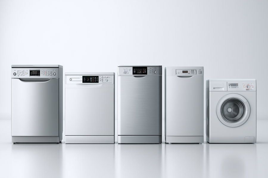Five sleek, modern kitchen appliances in a minimalistic setting.
