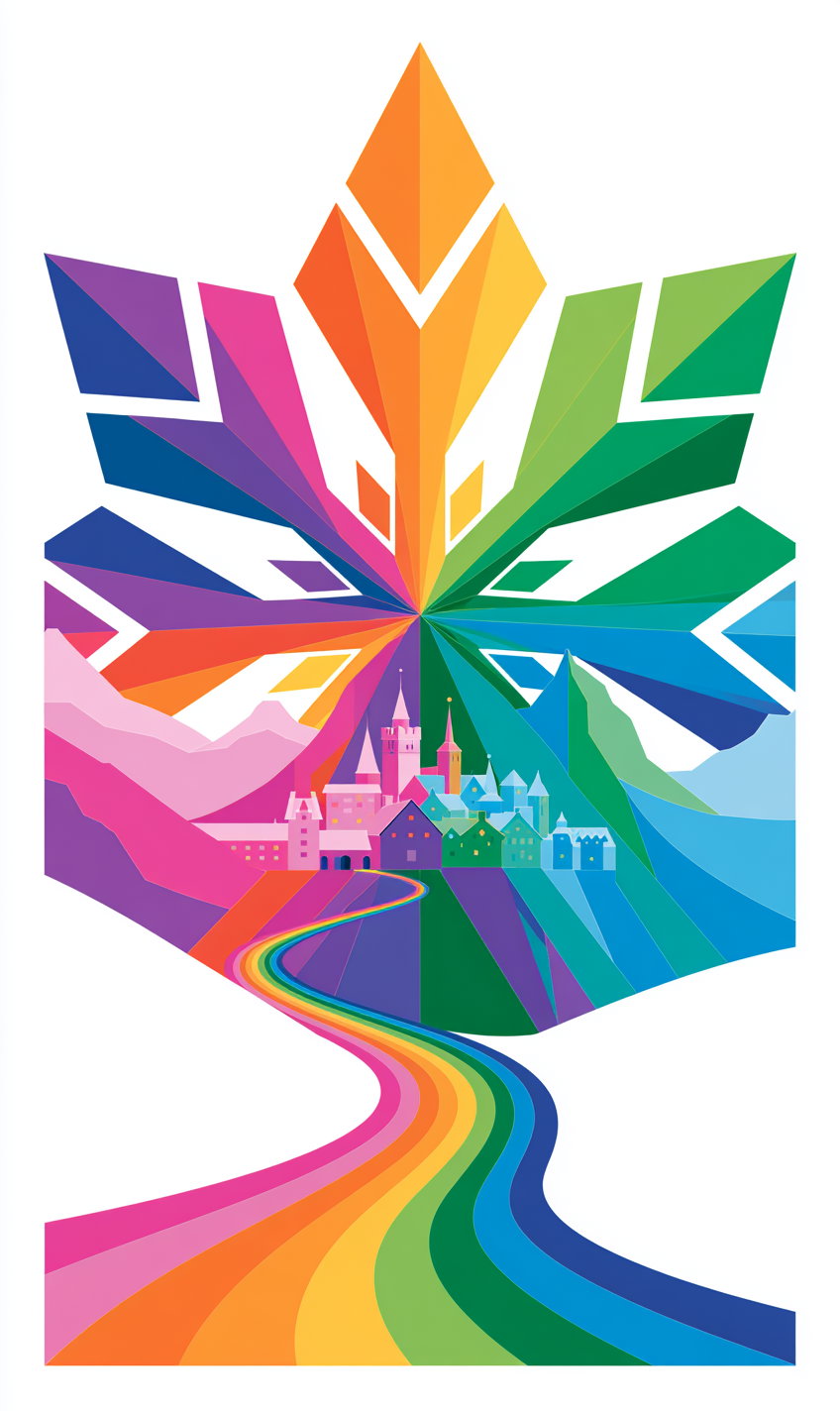 A colorful geometric design featuring a rainbow road leading to a town with mountains in the background and a large leaf shape.