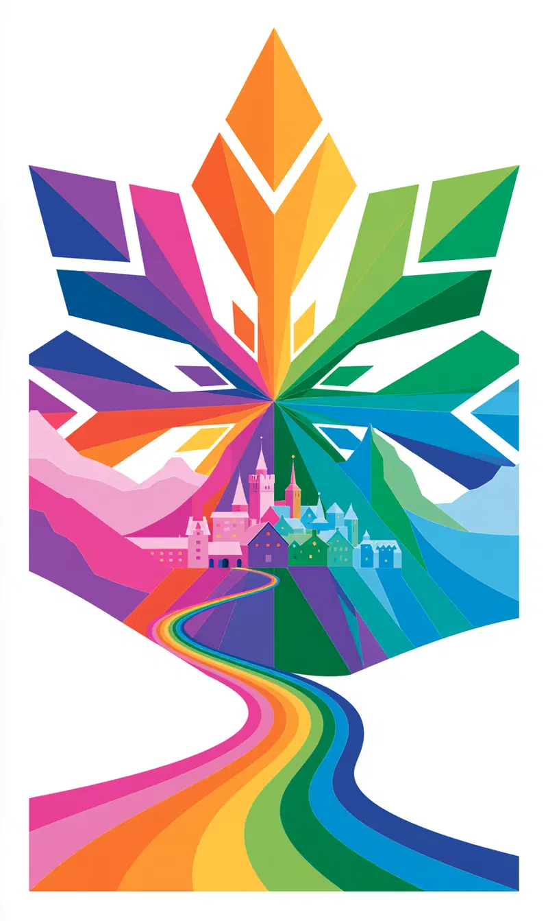 Vibrant Geometric Landscape with a Rainbow Road and Town