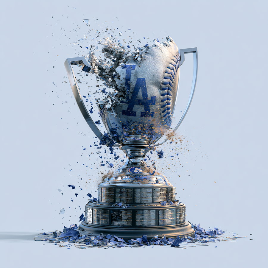 A trophy shattering into pieces with a baseball theme and 'LA' logo.