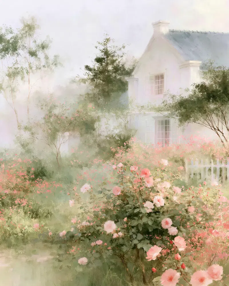 Dreamy Floral Landscape with Soft Pastel Colors and Serenity