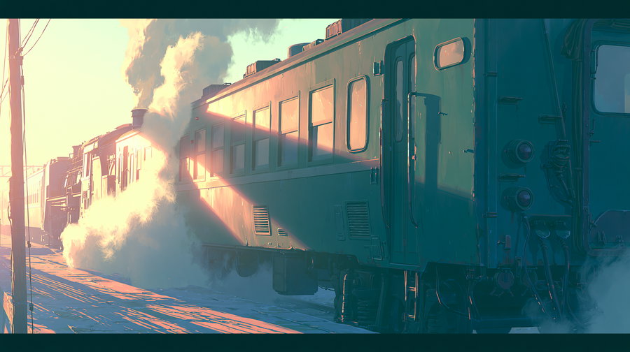 A detailed illustration of steam trains emitting smoke in a vibrant setting during sunset.