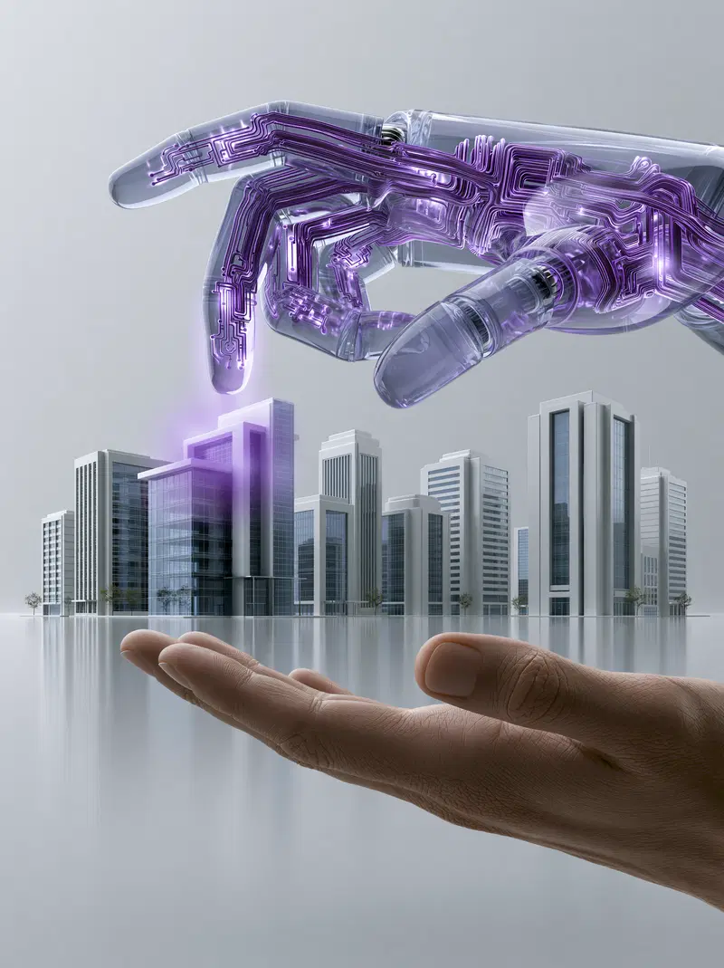 Futuristic Cityscape with Robotic Hand and Technology