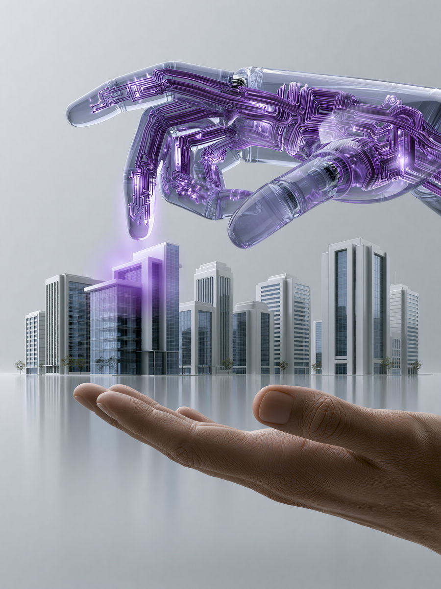 A digital illustration featuring a robotic hand reaching towards modern skyscrapers, symbolizing technology and innovation.