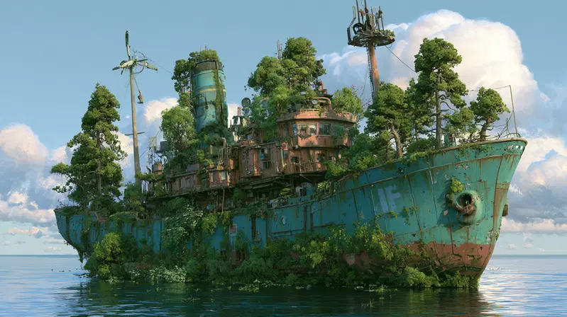 Abandoned Ship Overgrown with Trees in a Tranquil Ocean Setting