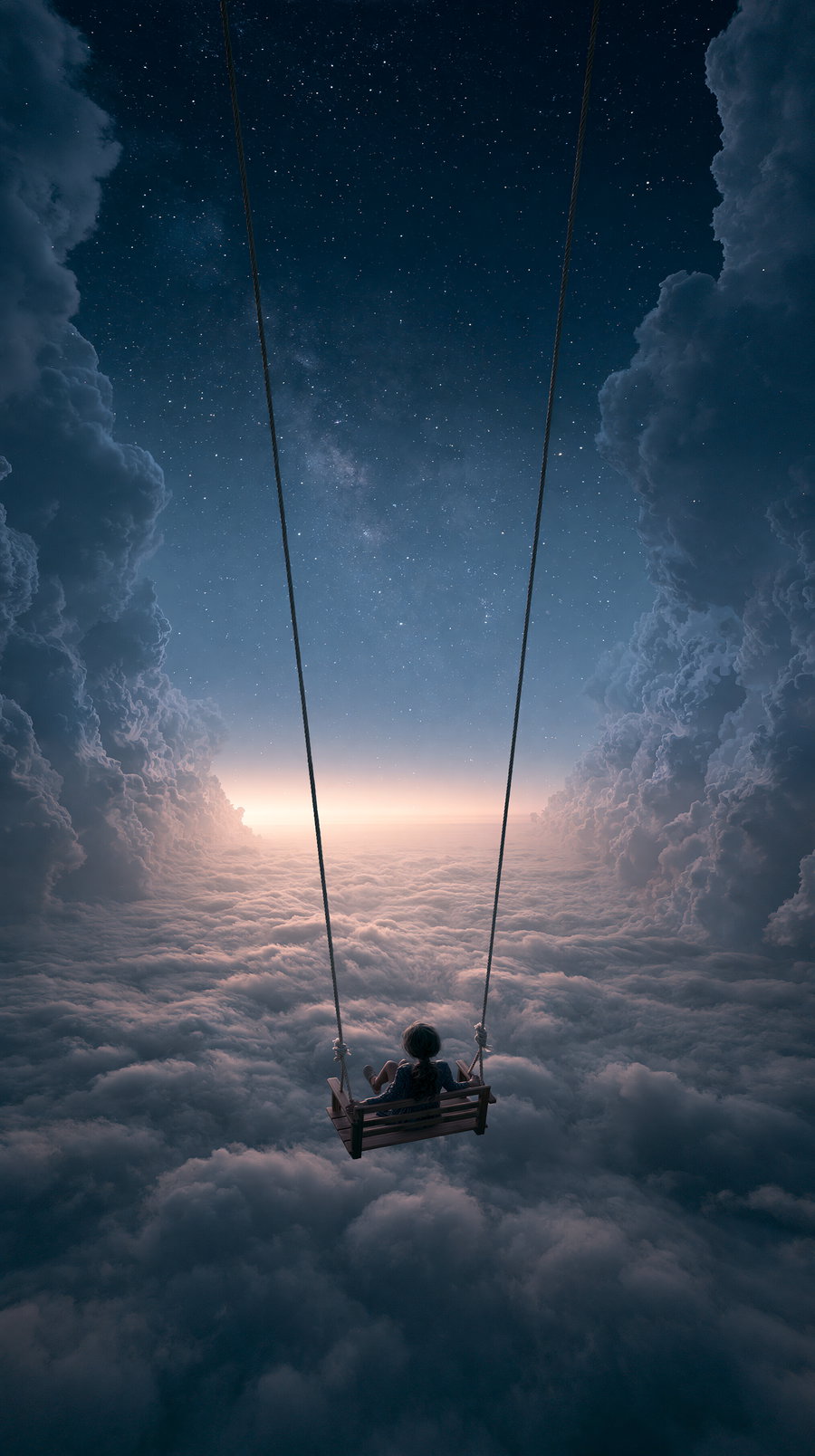 A person sitting on a swing hanging from two long ropes, surrounded by fluffy clouds under a twilight sky filled with stars.