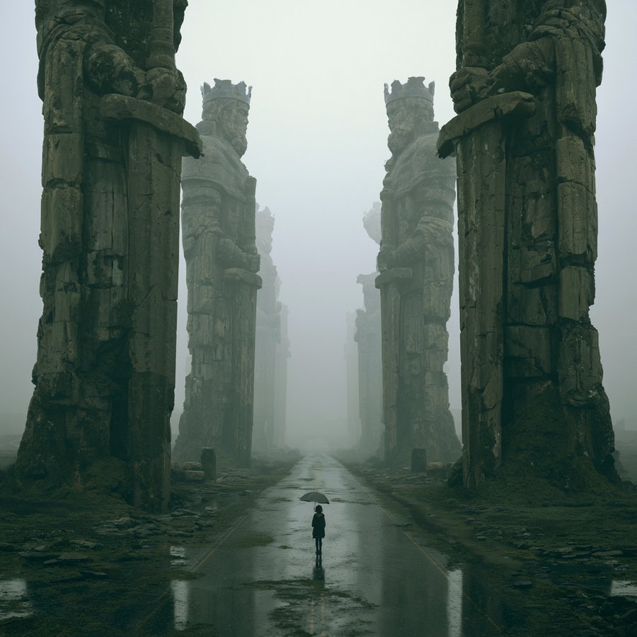 A person holding an umbrella stands on a wet path, flanked by massive stone pillars shrouded in fog.