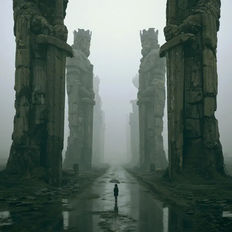 A Lone Figure Stands Amidst Towering Ruins in Mist