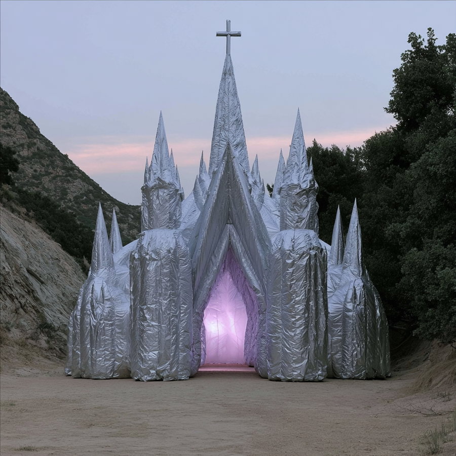 A unique cathedral-like structure made of silver material, with spires, set against a mountain backdrop during twilight.