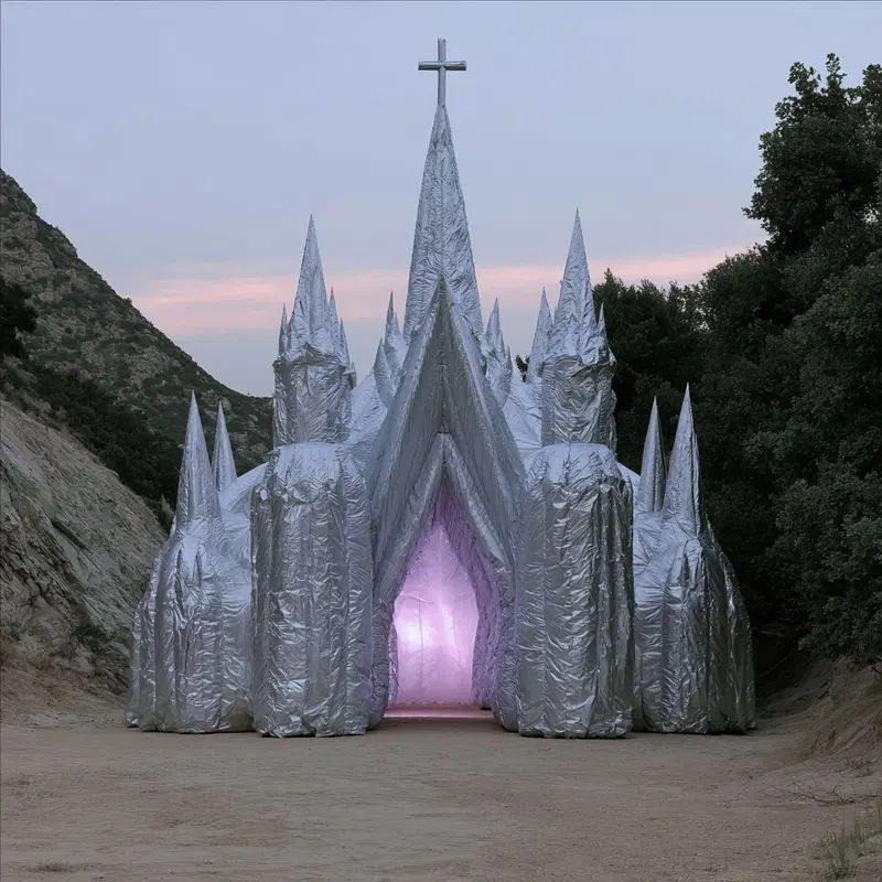 A Silver Cathedral Structure Surrounded by Mountainous Terrain