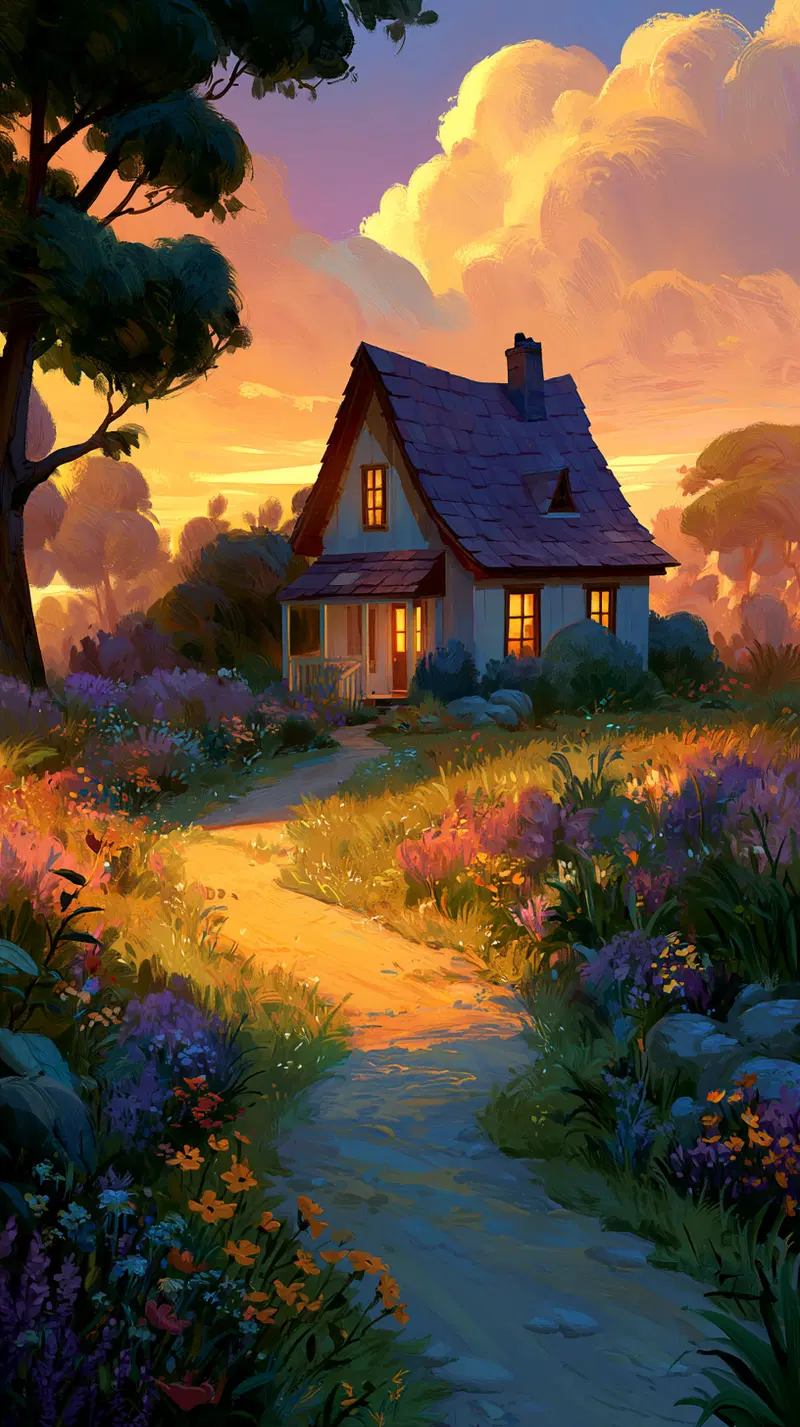 Charming Cottage Surrounded by Vibrant Flora at Sunset