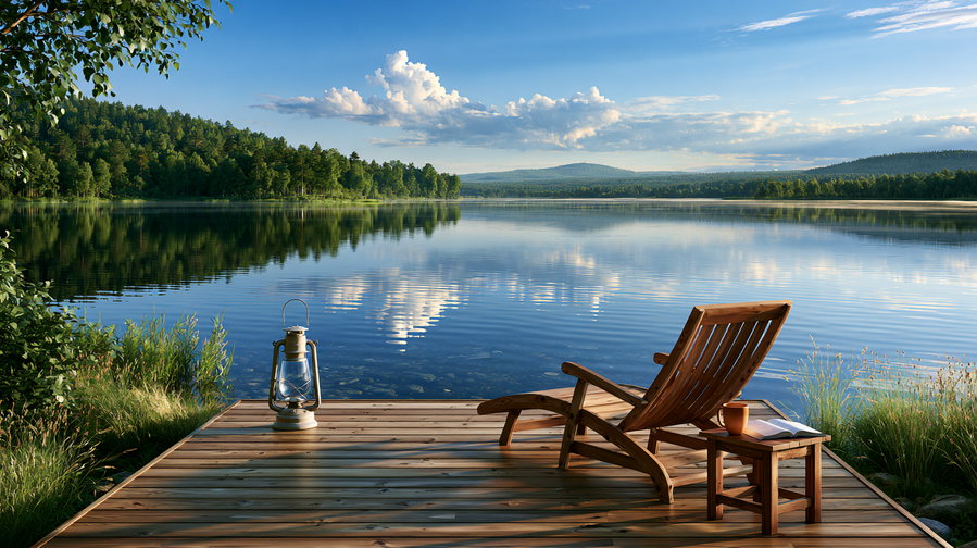 A wooden deck overlooking a calm lake at sunset, with reflections on the water, surrounded by lush green trees and distant mountains.
