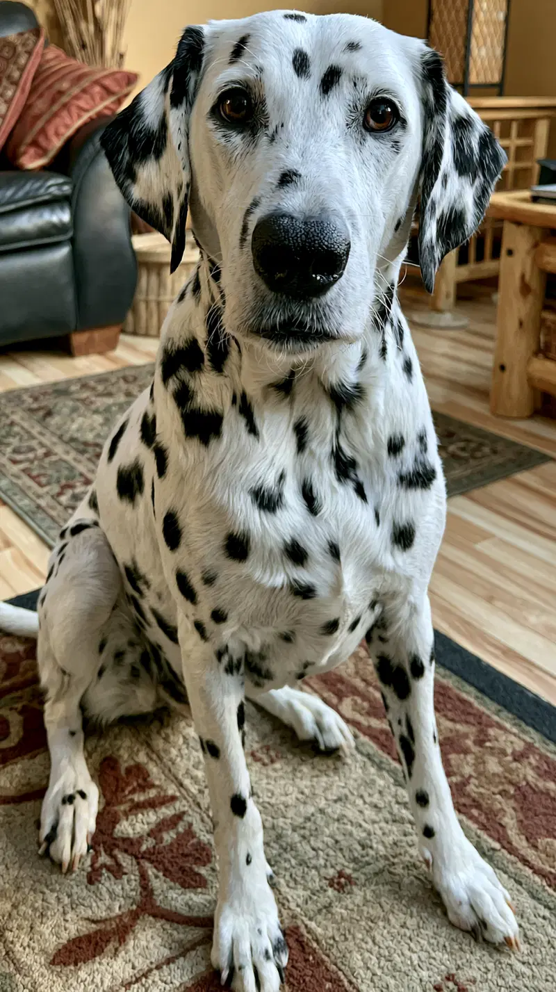 Dalmation Dog Sitting on a Rug in a Cozy Living Room